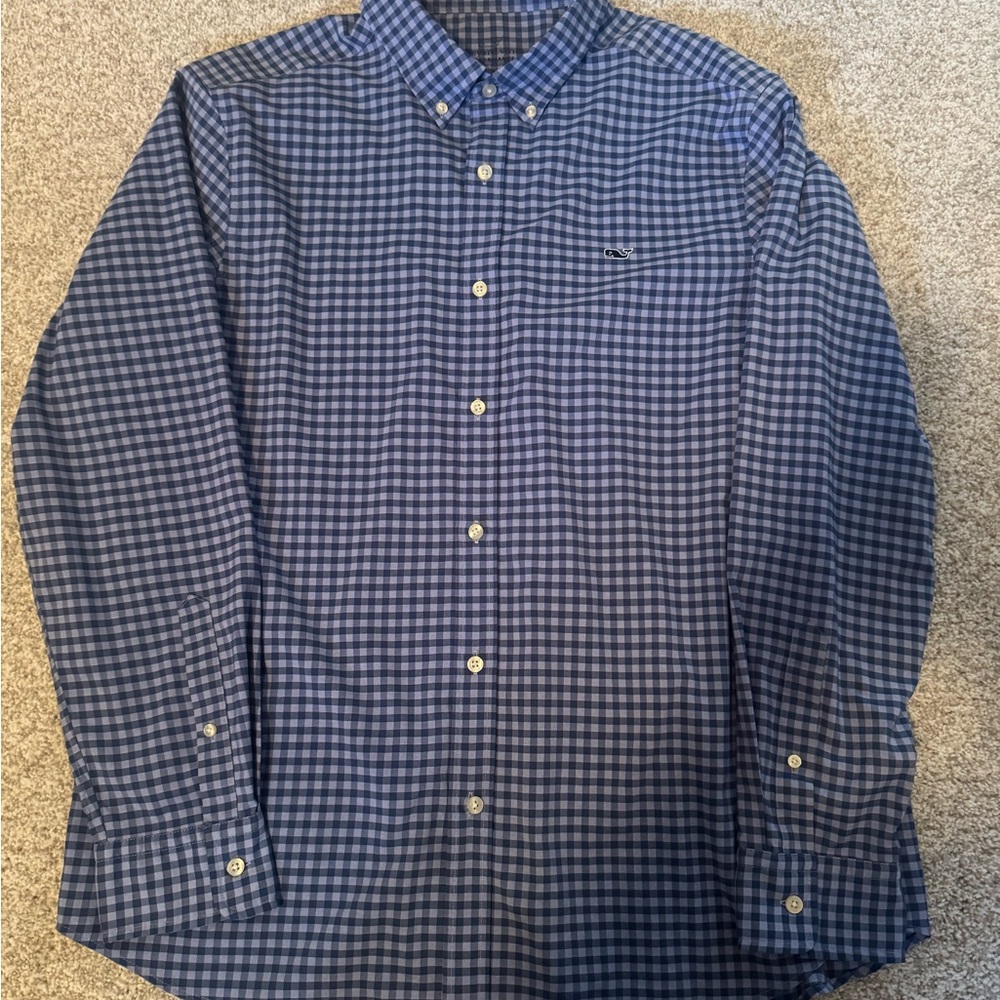 Vineyard Vines Navy Checkered Button Down Classic Fit Performance Whale Shirt